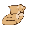 animated pixel art of an orange cat, Tomato, laying down. he uses his paw to groom his face.